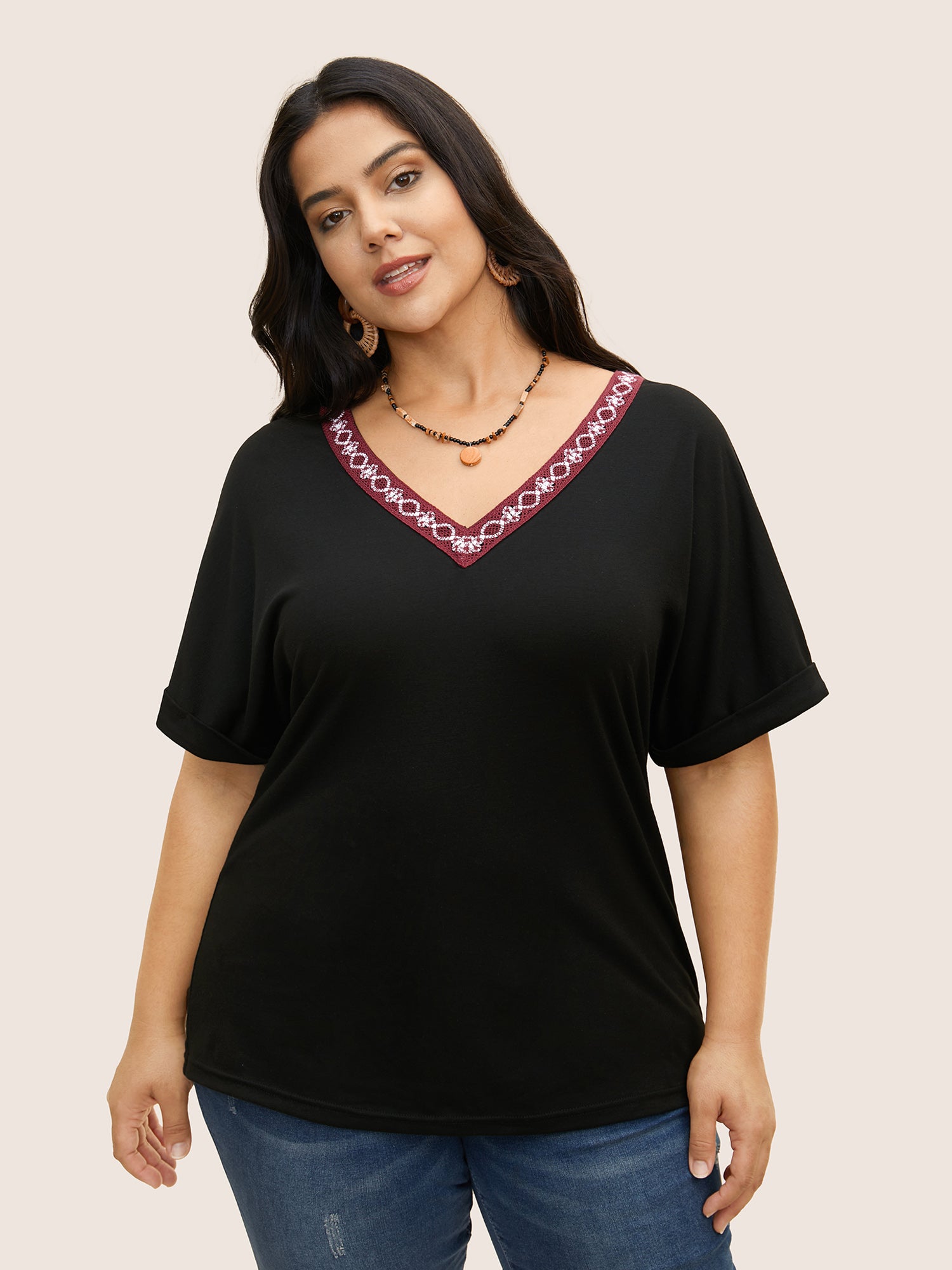 V Neck Block Weave Trim Batwing Sleeve T-shirt