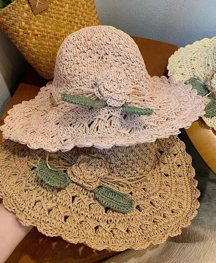 Elegante Sombrero De Paja De Crochet Con Detalle De Volantes