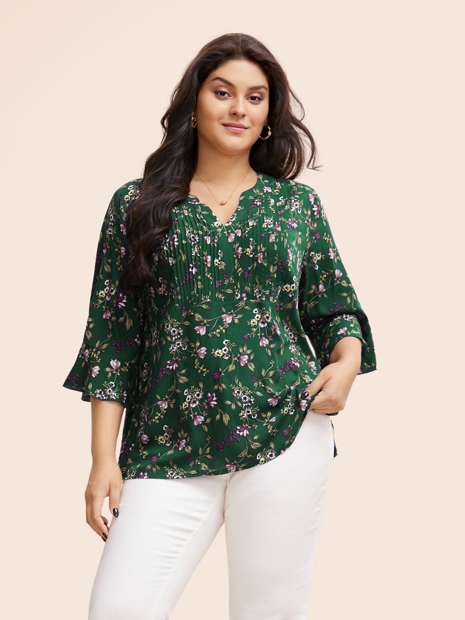 Ditsy Floral Pleated Flutter Sleeve Blouse