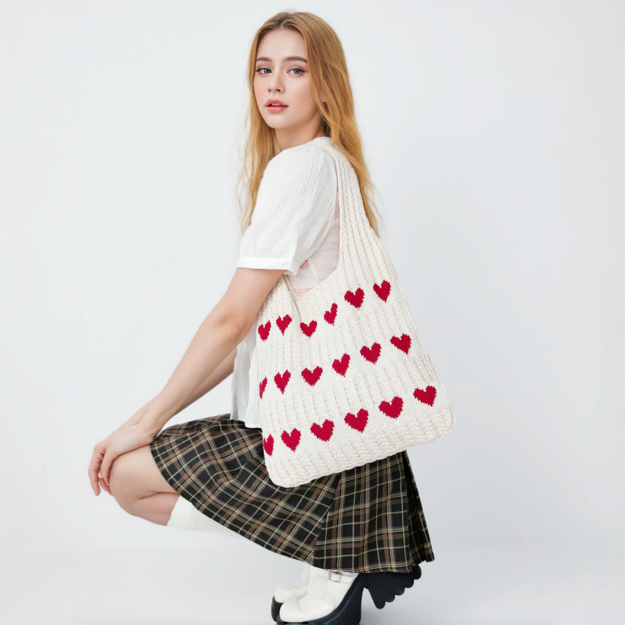 Heart Pattern Crochet Bag In White