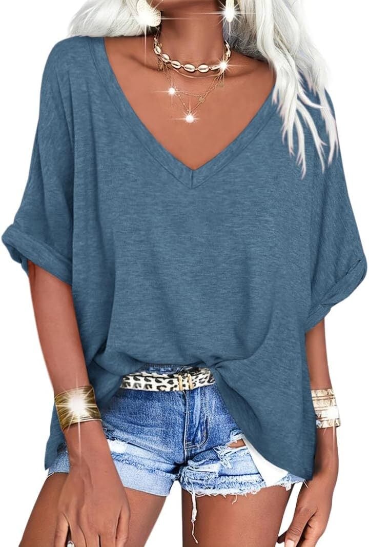 🔥PROMOTION LAST DAY🔥Women's Summer Tops Oversized Tshirts Half Sleeve Loose Fit V Neck Casual Blouse Tee