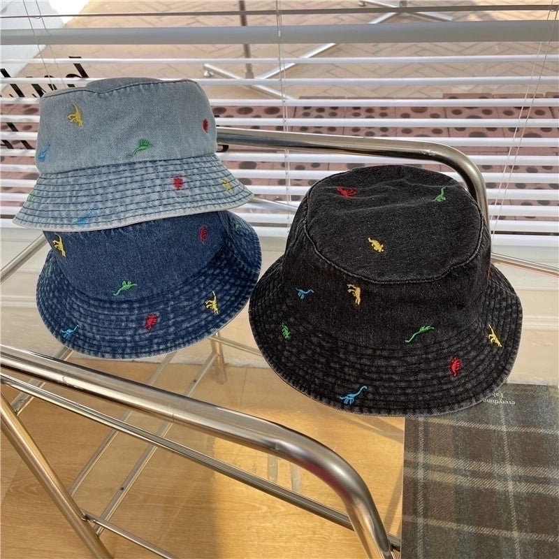 Women's Cute Basic Dinosaur Embroidery Wide Eaves Bucket Hat
