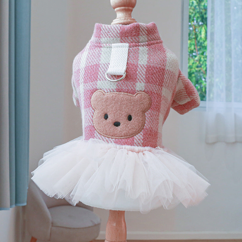 Pink Bear Printed Plaid Dog Dress/Hoodie