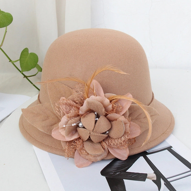 Fisherman Hat Female British Retro Feather Flower Wool Hat  Elegant Socialite Felt Hat Basin Hat