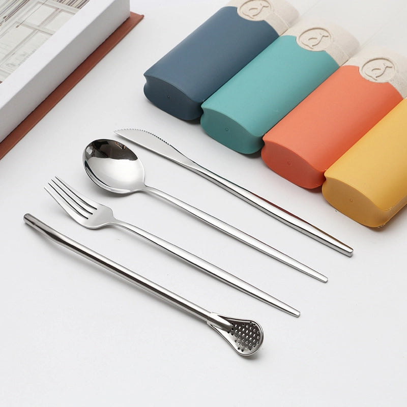 Retro Pastoral Color Block Stainless Steel Spoon Fruit Knife Fruit Fork 1 Set