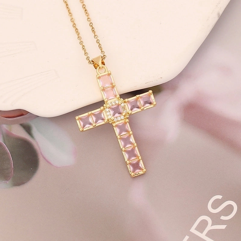 Stainless Steel Copper 18K Gold Plated Fashion Inlay Cross Zircon Pendant Necklace