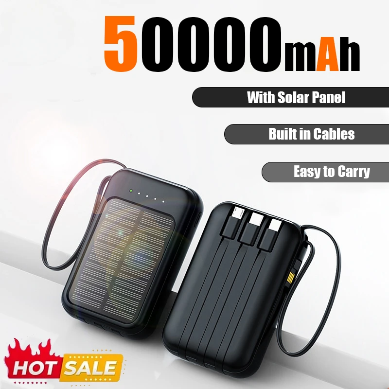 50000mAh Solar Power Bank Built-in Cable Solar Charger 2 USB Ports External Charger Power Bank with LED Light For iPhone Xiaomi