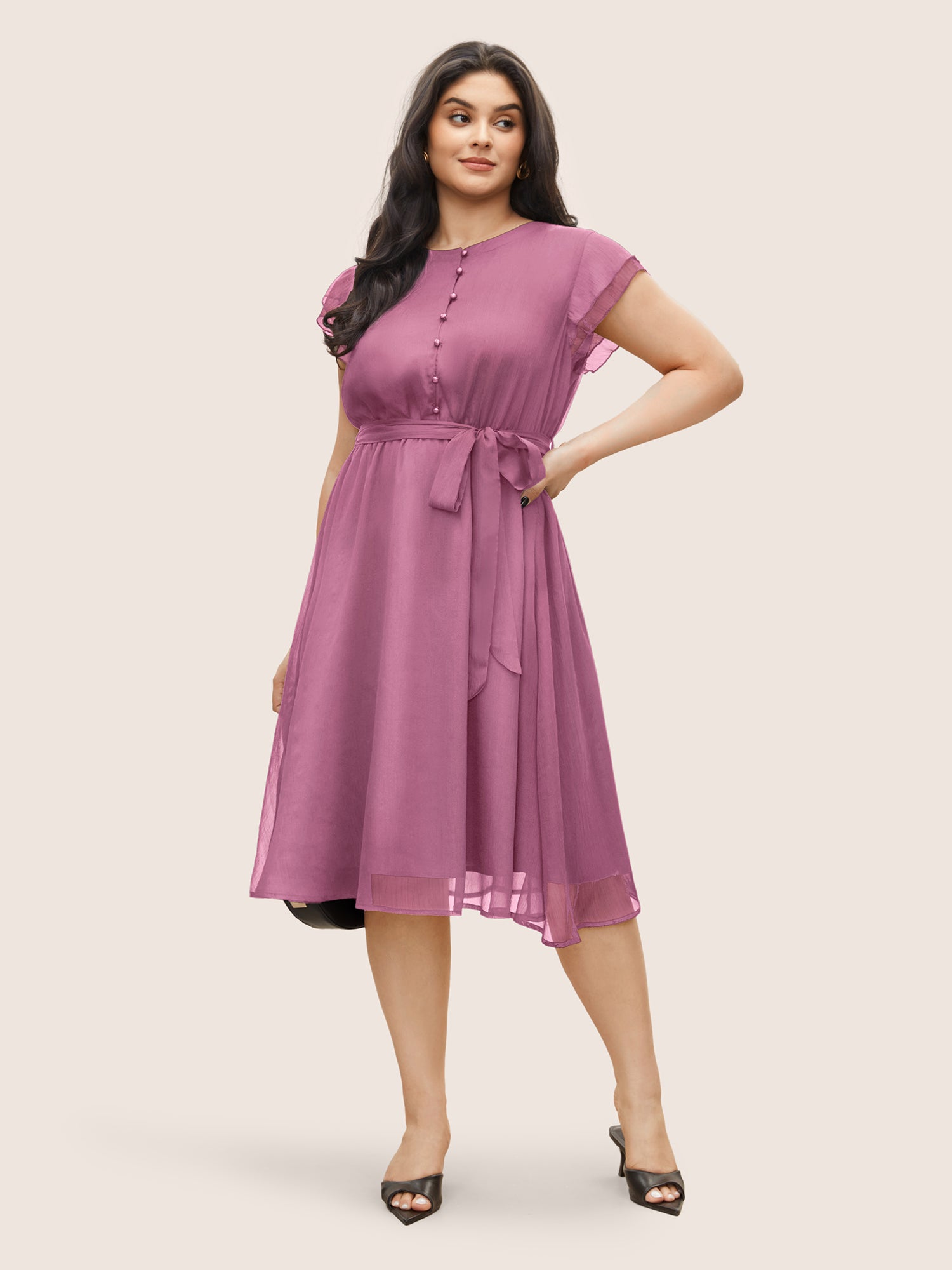 Solid Mesh Belted Ruffle Cap Sleeve Dress