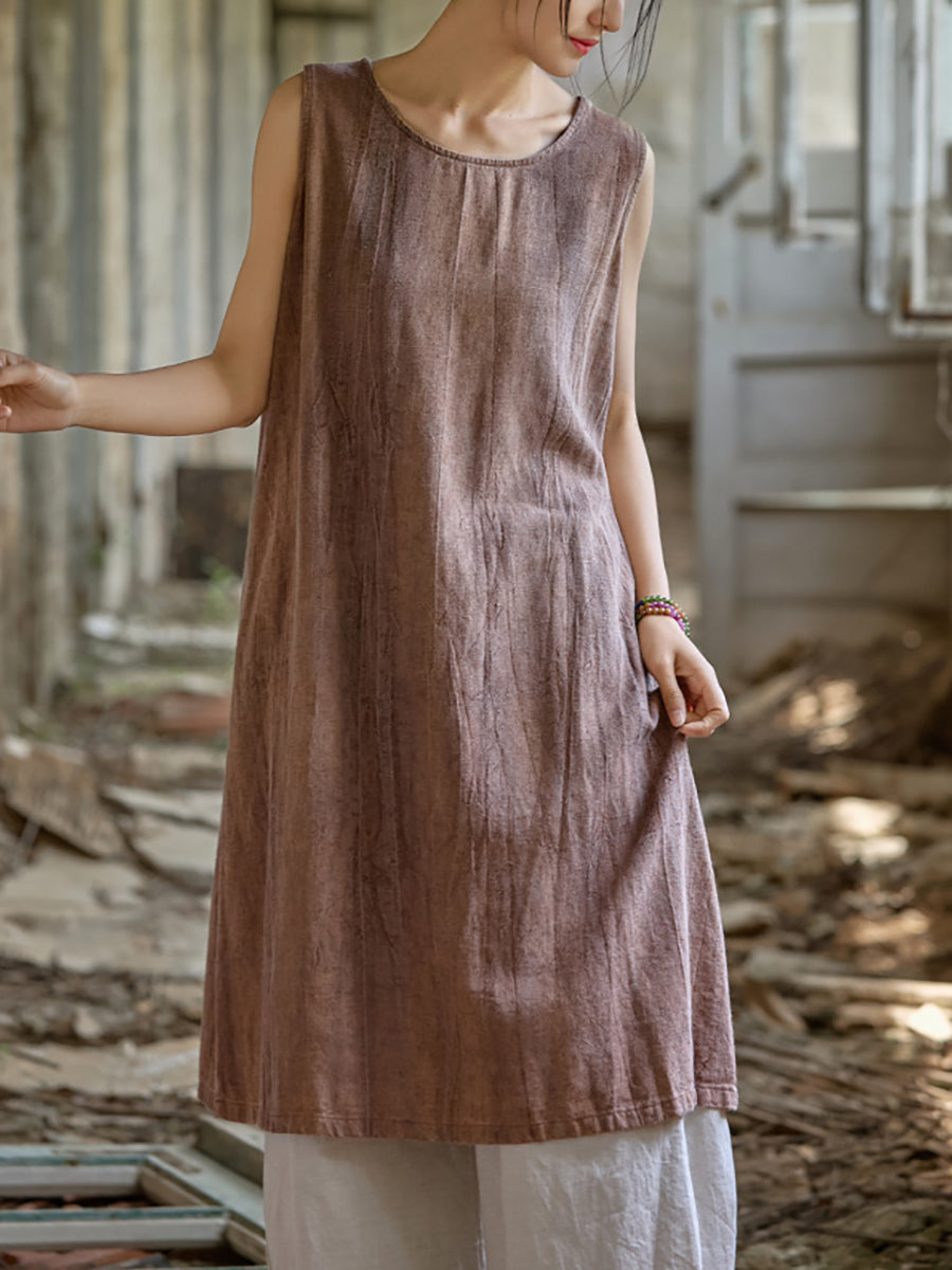 Women Summer Pure Color O-Neck Linen Vest Dress