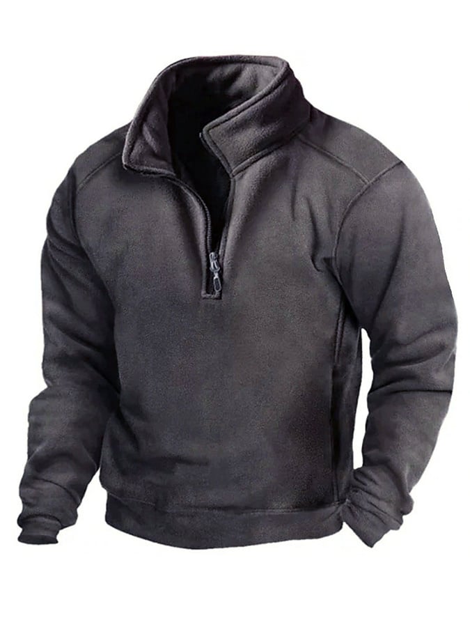 Western Style Stand Collar Zipper Solid Color Men's Sweatshirt