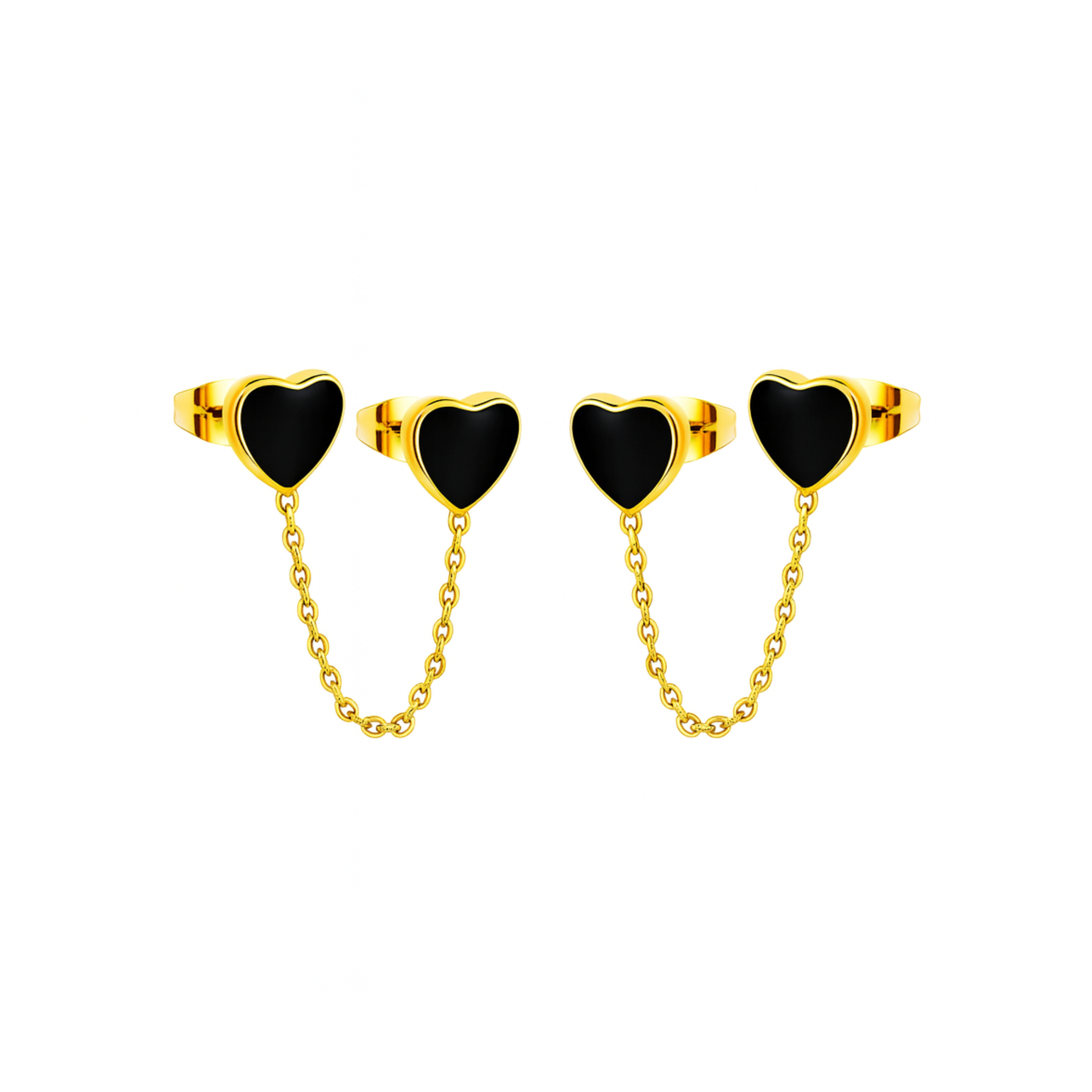 Chained black heart studs - Gold
