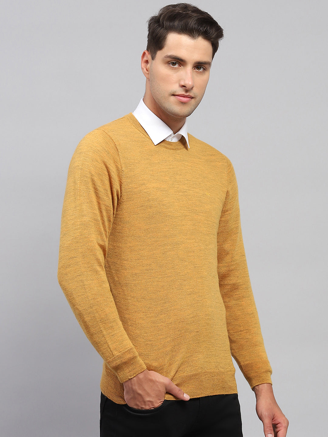 Men Mustard Solid Round Neck Full Sleeve Pullover