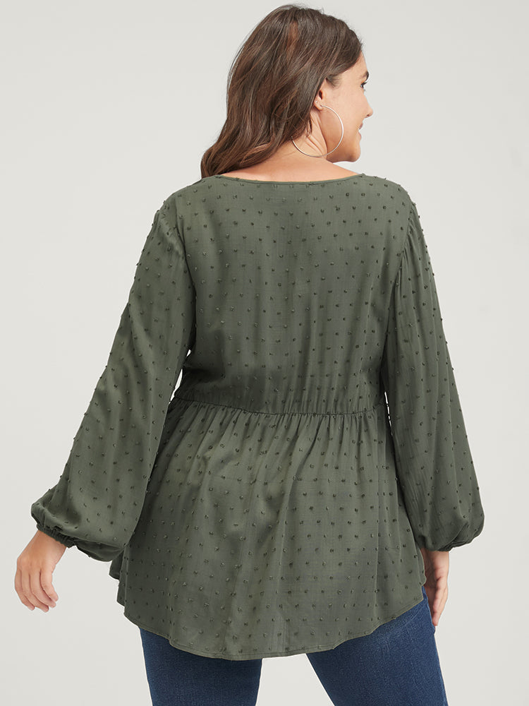Polka Dot Flutter Button Detail Lantern Sleeve Blouse