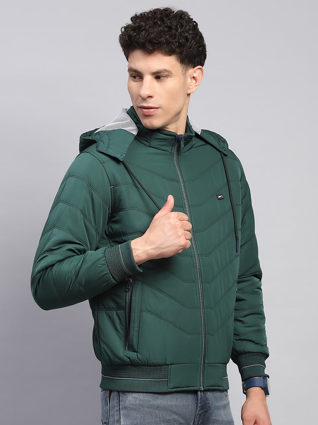 Men Green Solid Detachable Hood Full Sleeve Jacket