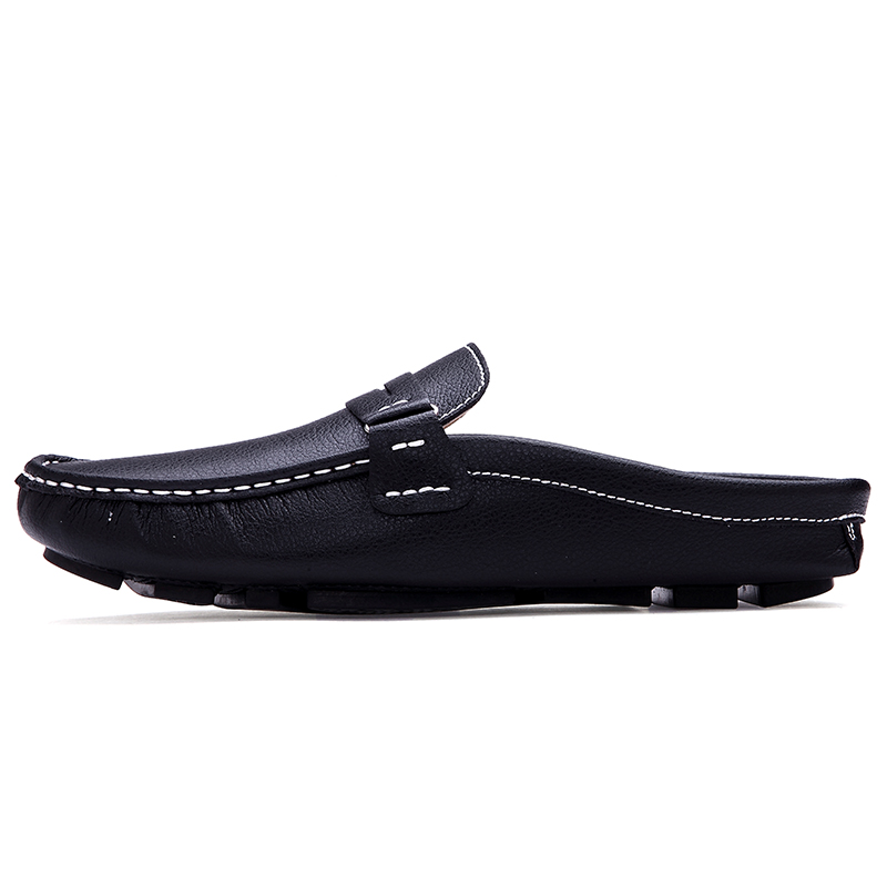 Fransikin business 2024 Brand Men Shoes Summer Casual Flat Shoes Soft Leather Shoes Slip-on Half Slippers Men Comfortable Driving Loafers Slides