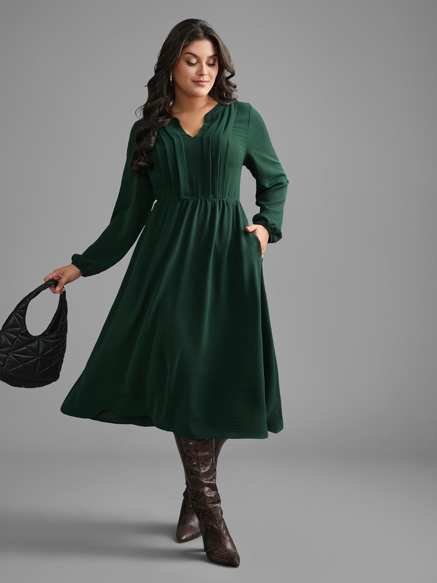 Plain Notched Pleated Midi Dress