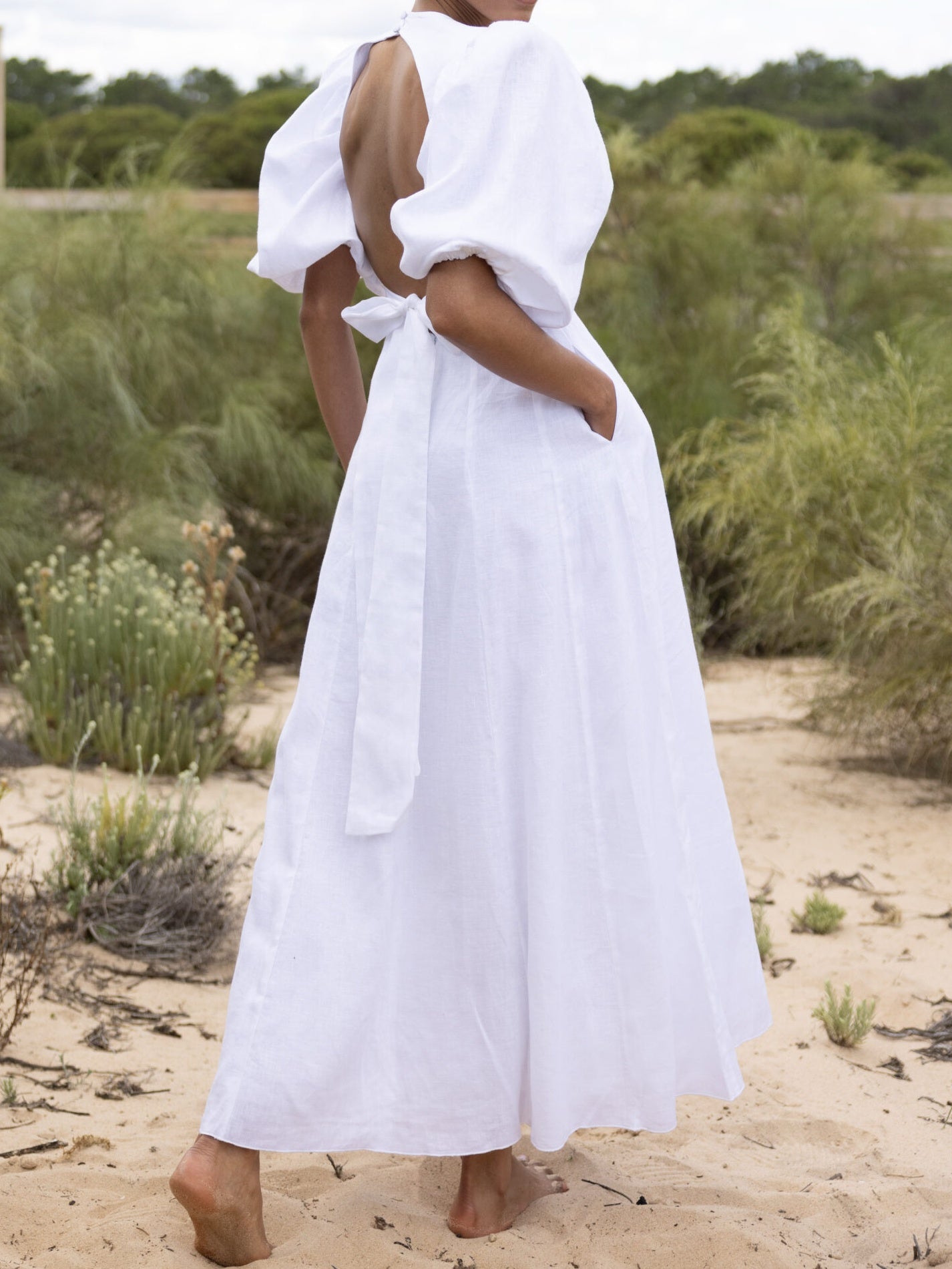 Puff Sleeve Pleated Waist Maxi Dress