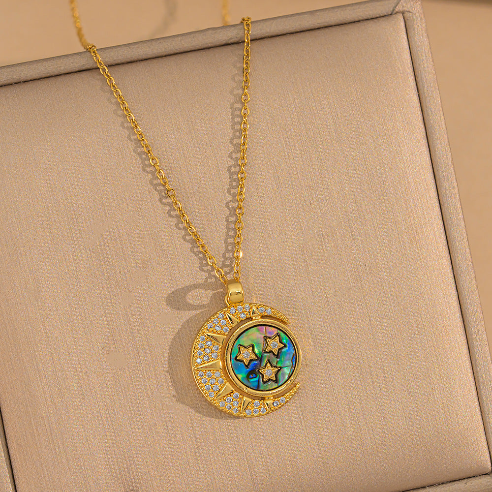 Ins Style 18K Gold Stainless Steel Necklace Retro Natural Stone Pendant Necklace Zircon Necklace Female