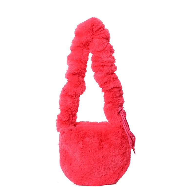Korean Style Autumn And Winter Furry Solid Color Mini Bag Casual Fashion Underarm Women's Bag Fashionable Western Style Plush Handbag