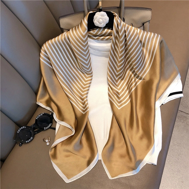 Women's IG Style Elegant Stripe Flower Chains Print Satin Printing Silk Scarf