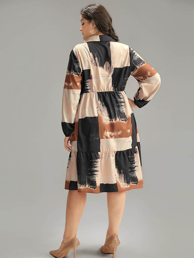 Brush Print Contrast Elastic Waist Button Through Dress