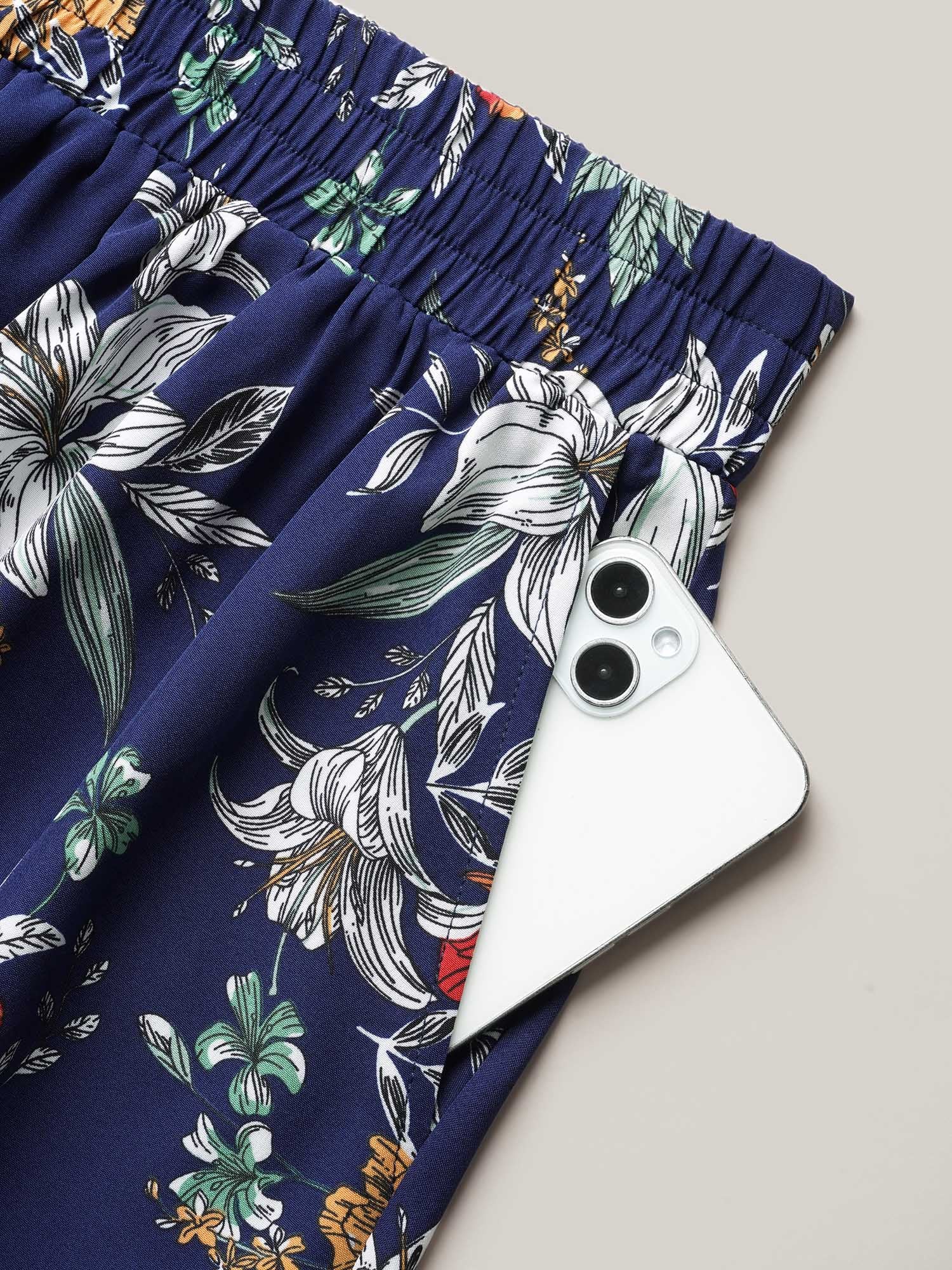 Floral Print Drawstring Pleated Midi Skirt