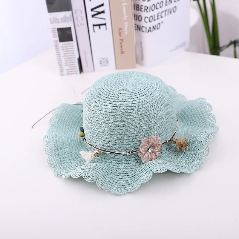 Fashion Flower Decoration Solid Color Children's Summer Beach Hat Sun Hat Straw Hat