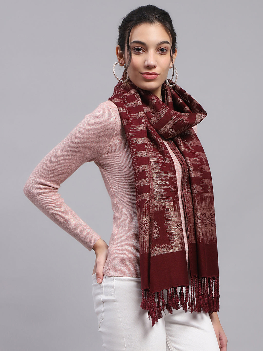 Women Maroon Self Design Stole