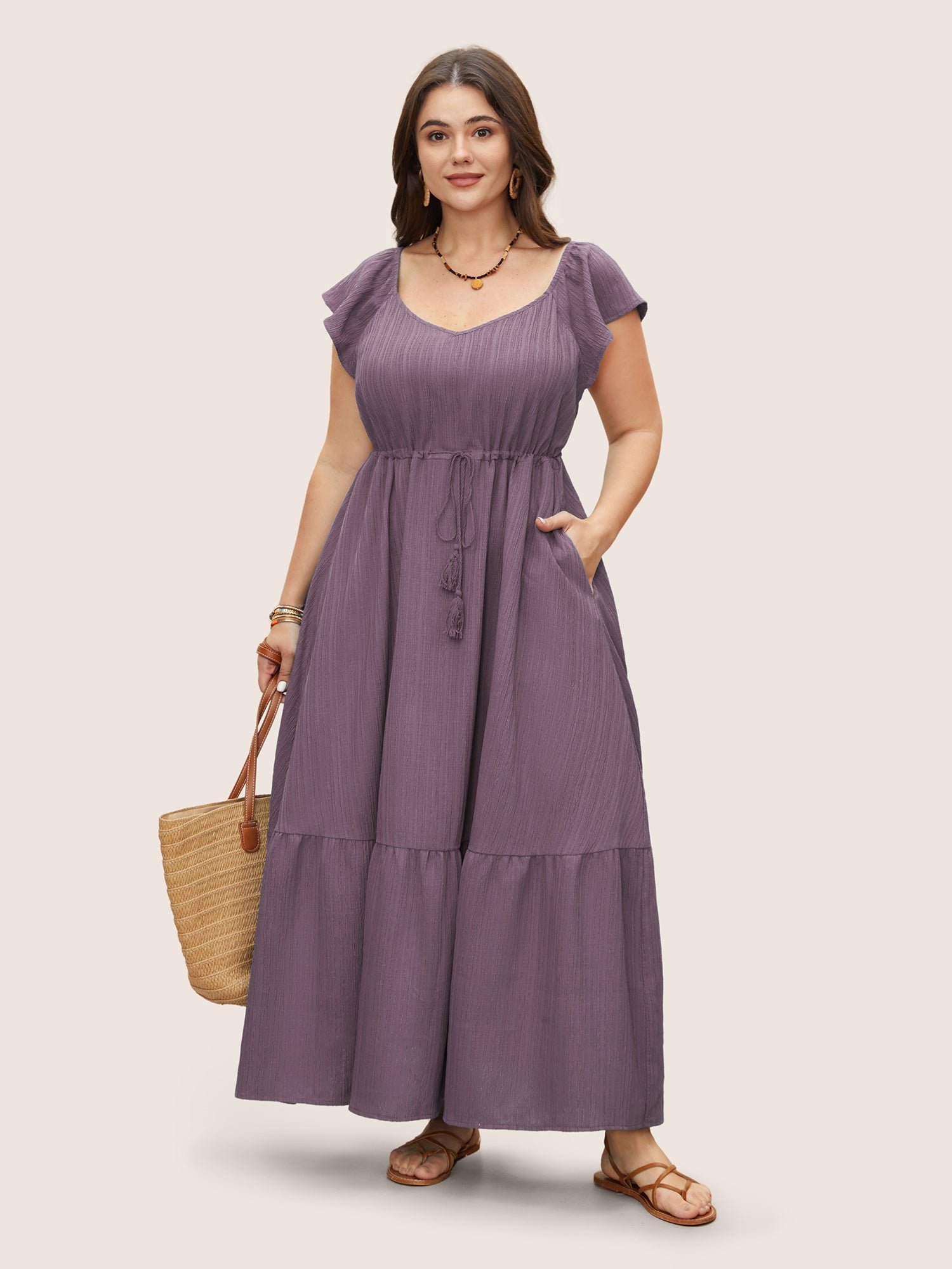 Texture Drawstring Tie Knot Tassels Dress