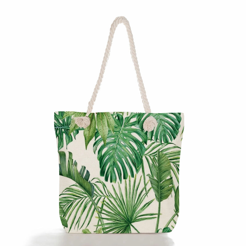 Green Leaf Printed Cotton Rope Bag Large Capacity Shoulder Bag Student Book Tote Bag Printable Logo