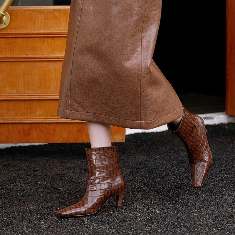 Women's 60mm Kitten Heel Ankle Boots in Crocodile-Embossed Cowhide Leather Slimming Boots