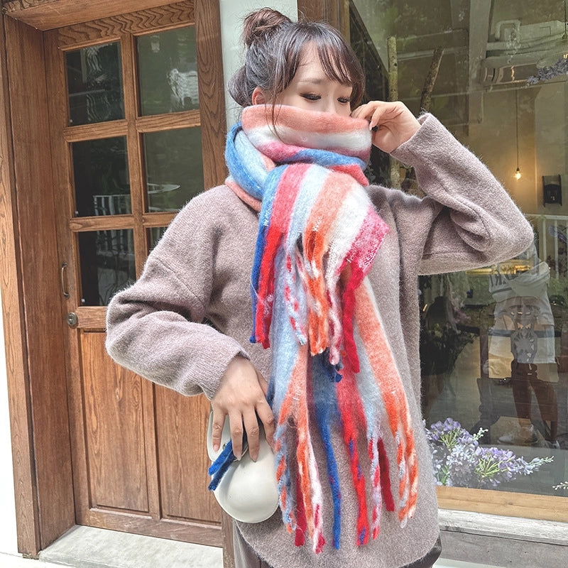 Latest Mohair Striped Tassel Scarf Fashion Geometric Gradient Shawl Versatile Thickened Scarf