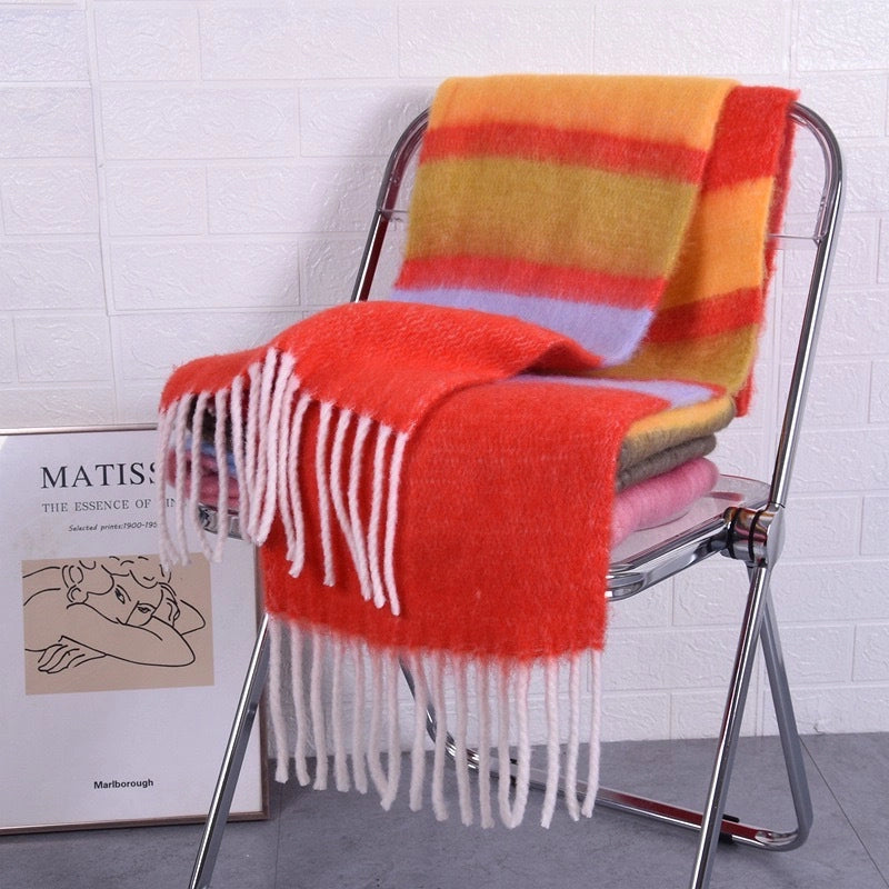 Gradient Horizontal Plaid Couple Scarf Mohair Scarf Winter Warm Thickened Lengthened Trendy White Scarf