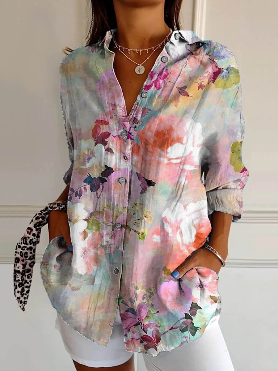 Women's Lovely Floral Breast Cancer Awareness Art Print Casual Cotton Shirt