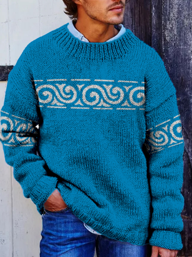 Lake Blue Waves Ethnic Jacquard Iceland Crew Neck Sweater