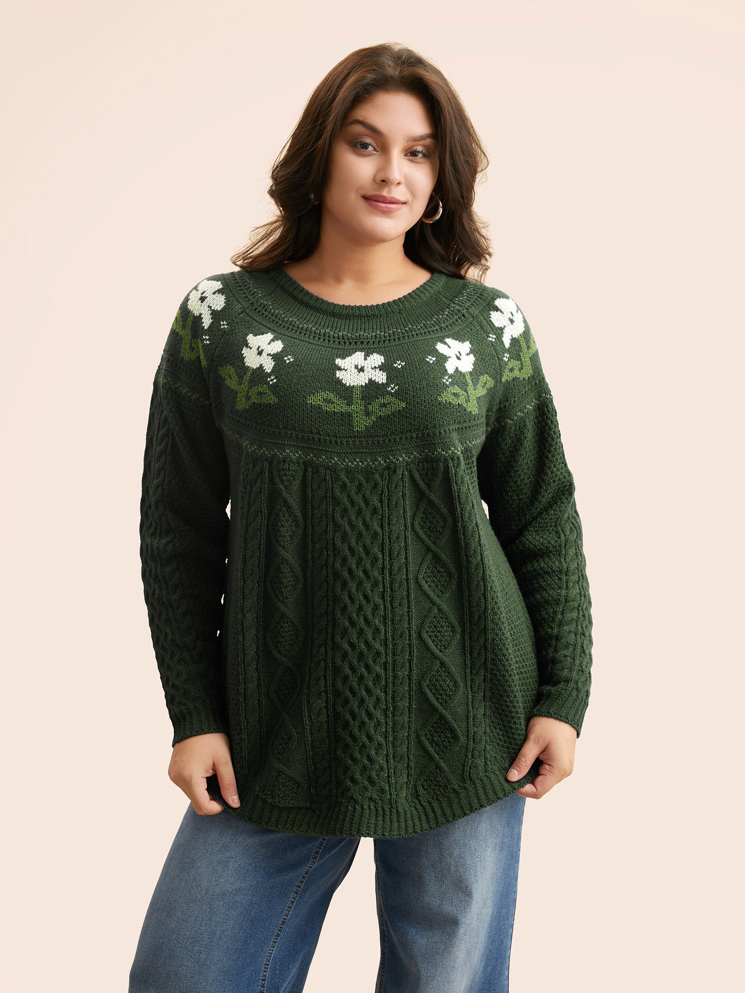 Floral Jacquard Raglan Sleeve Pullover