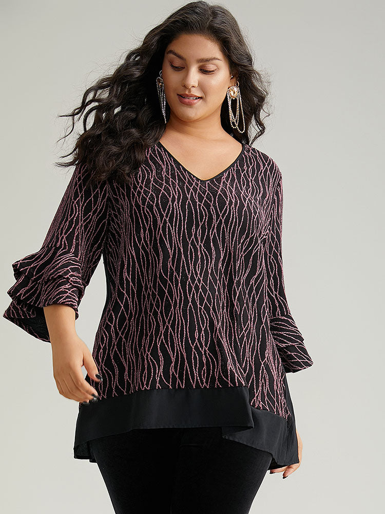 Lurex Layered Ruffle Sleeve Patchwork Blouse