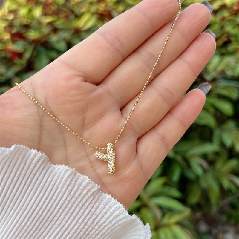 Copper 18K Gold Plated Inlay Letter Zircon Pendant Necklace