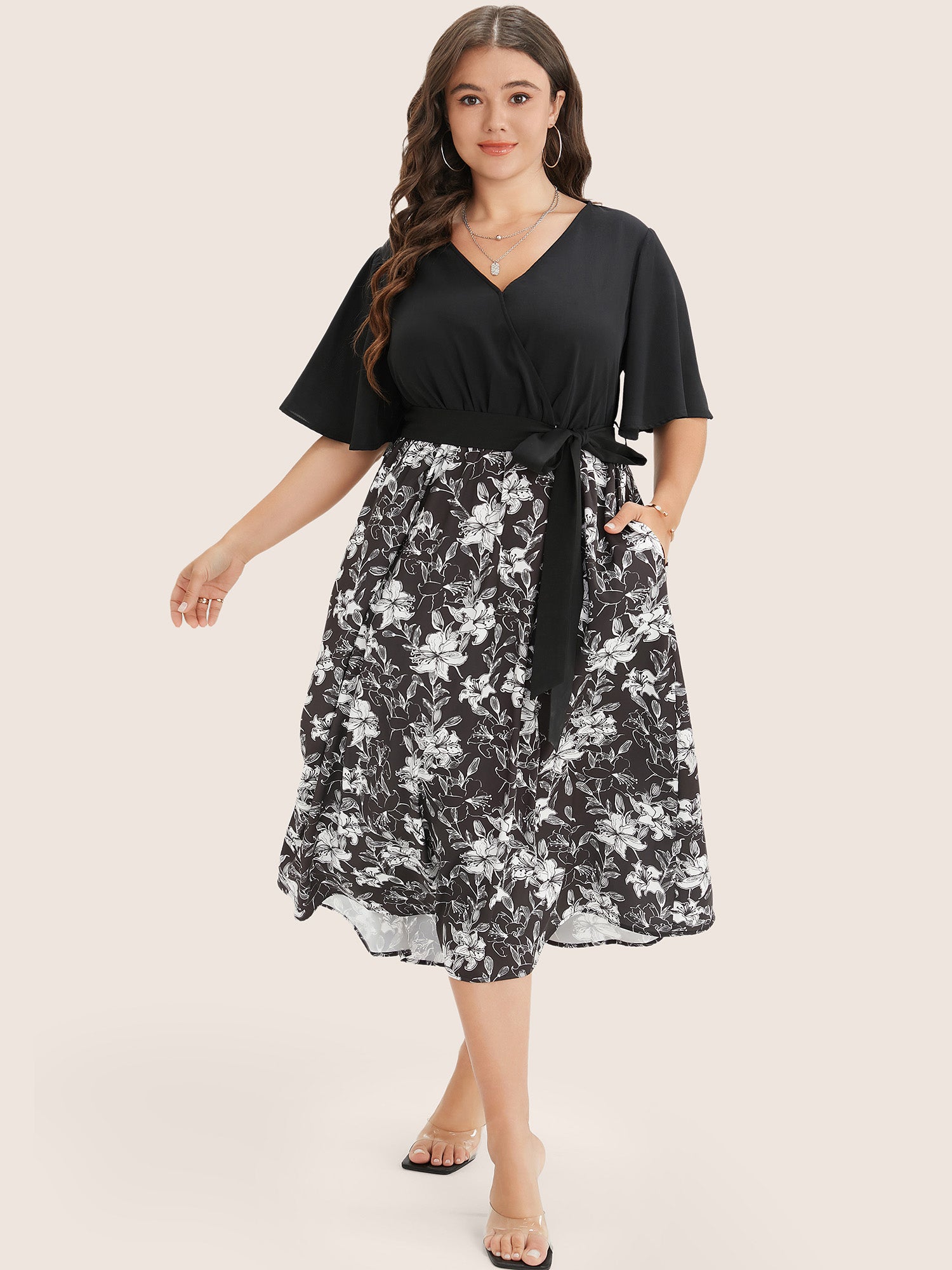 Floral Patchwork Pocket Belt Surplice Neck Ruffle Hem Dress