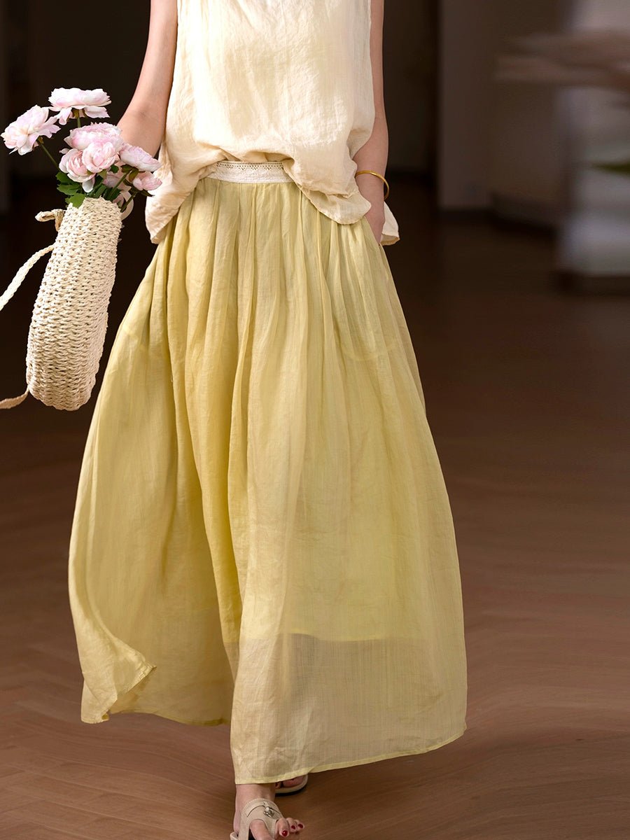 Women Summer Artsy Pure Color A-Shape 100%Ramie Skirt