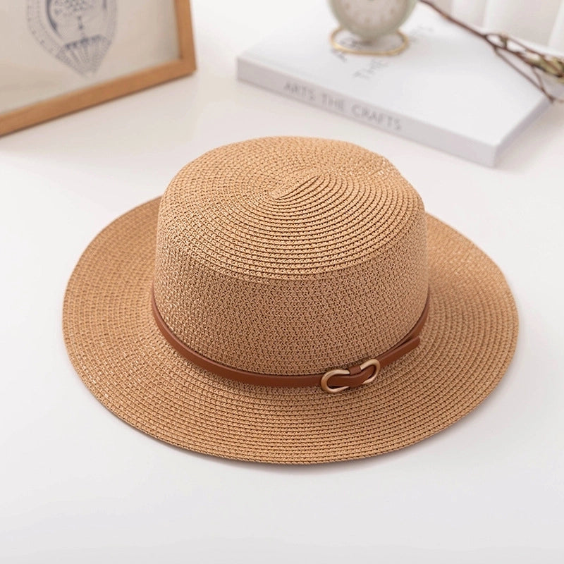 Flat Top  Hat  Summer Fashion Women's Sun Hat Sun Protection Sun Hat Paper Woven Hat Belt Hat