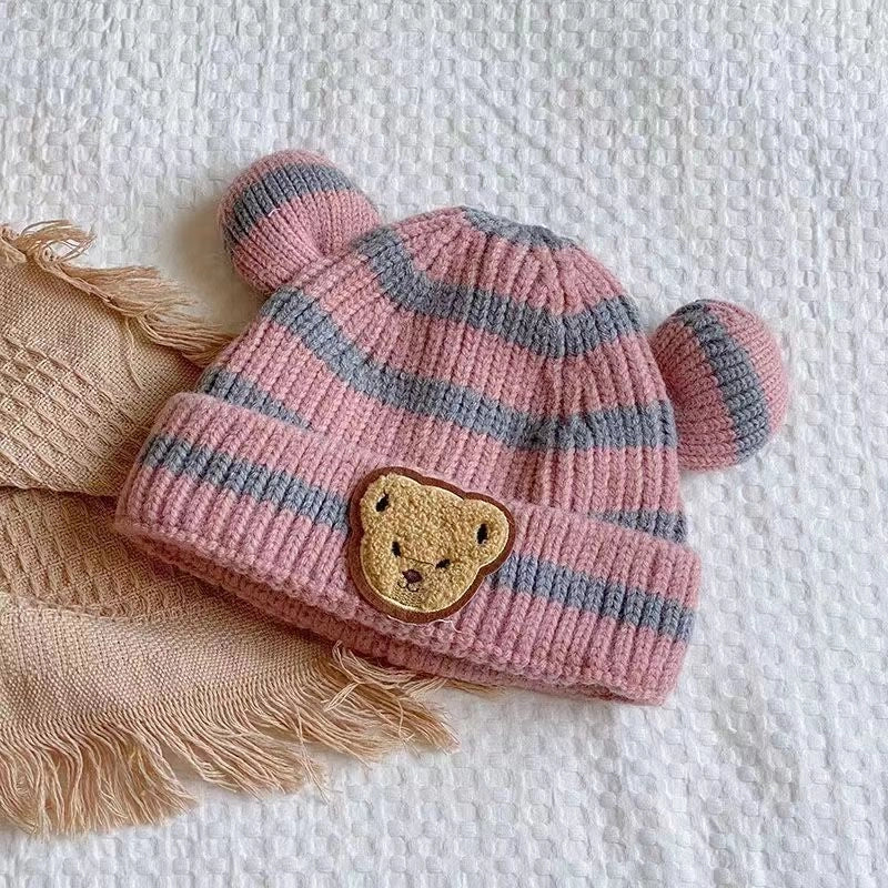 Baby Hat Autumn And Winter Korean Style Baby Hat Striped Cute Bear Hat Wool Hat Boys And Girls Hat