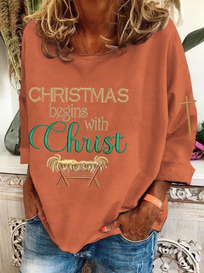 Women's Christmas Begins With Christ  Cross Print T-Shirt