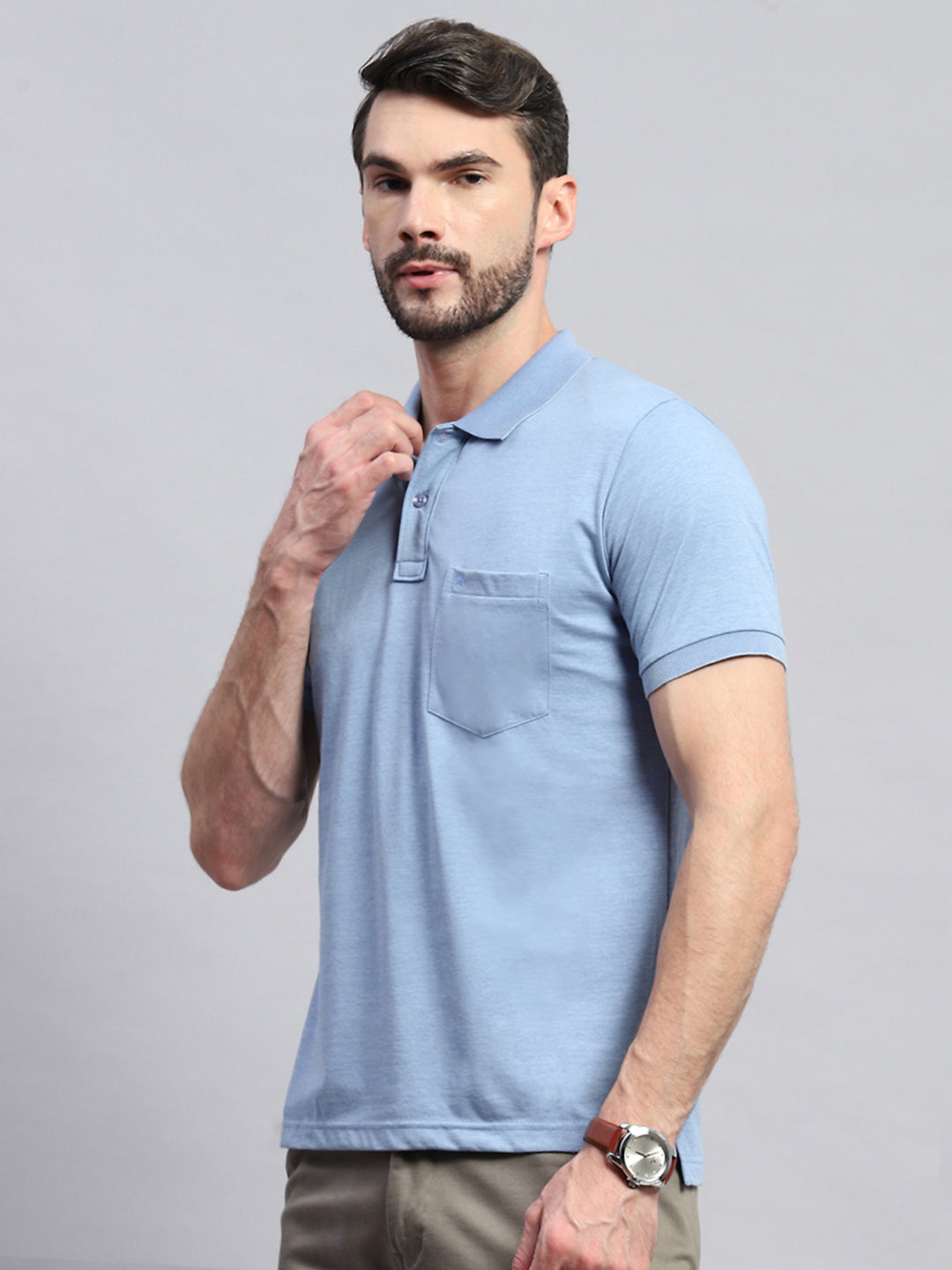 Men Blue Solid Collar Half Sleeve T-Shirt