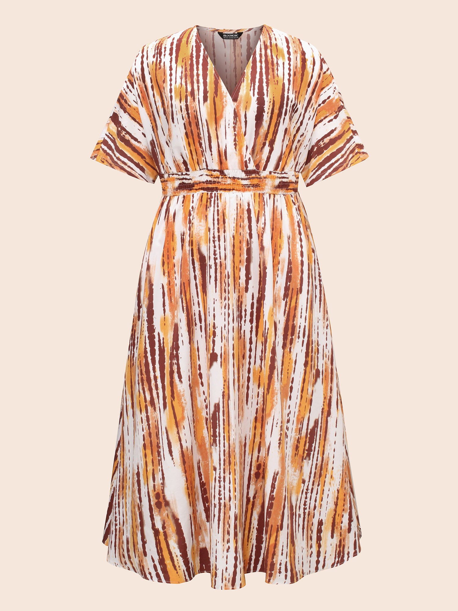Striped Overlap Collar Shirred Maxi Dress