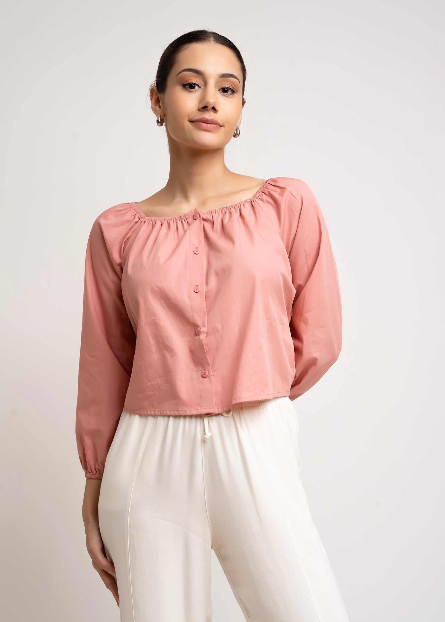 Elasticated Neckline Blouse With Tie