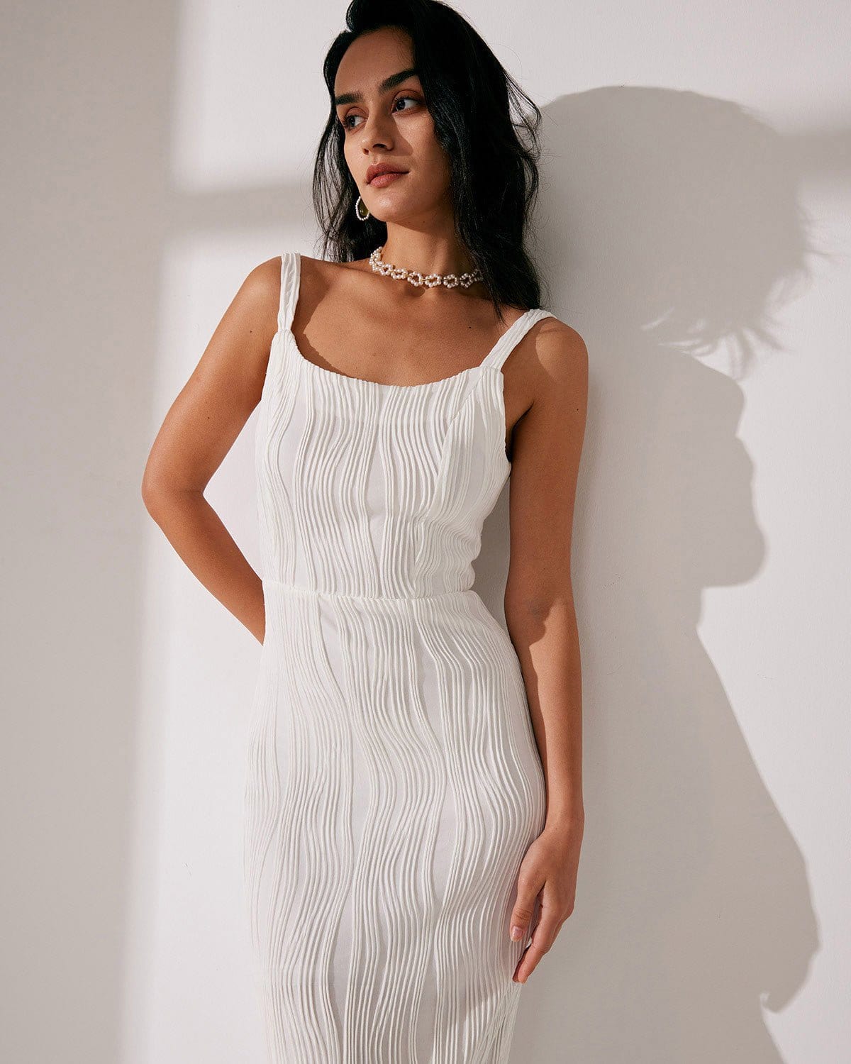 The Water Ripple Textured White Backless Midi Dress