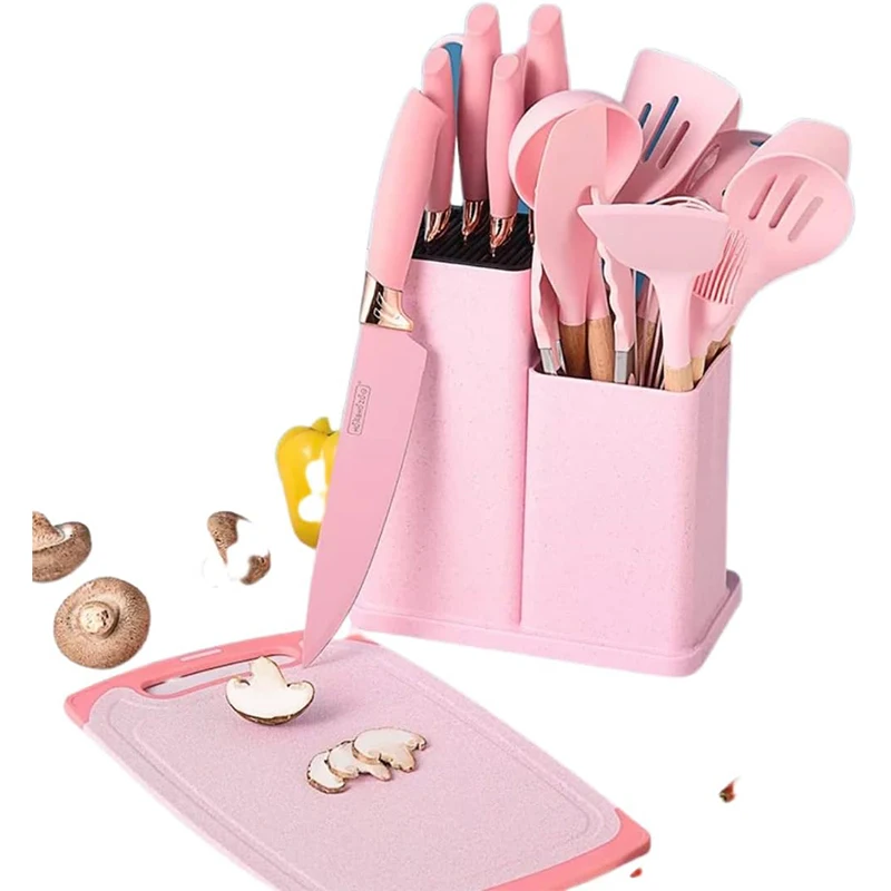 19pcs Silicone Wooden Handle Kitchen Utensil Cooking Utensils Pink Kitchen Accessories Set