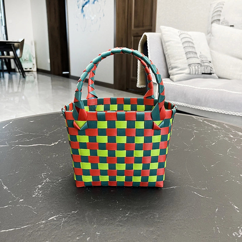 Women's PVC Color Block Plaid Vacation Weave Square Open Square Bag