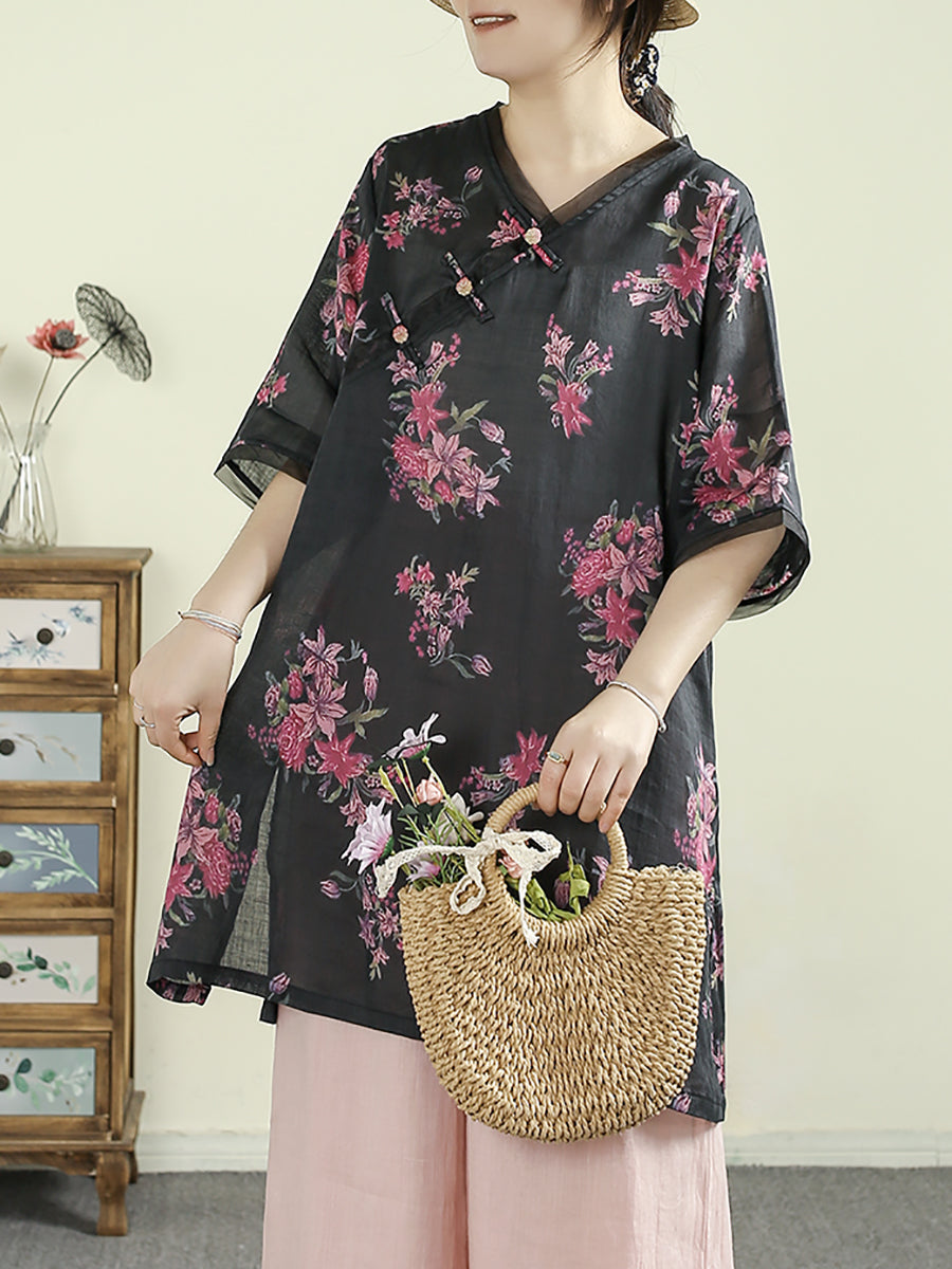 Women Summer Ethnic V-Neck Flower 100%Ramie Shirt